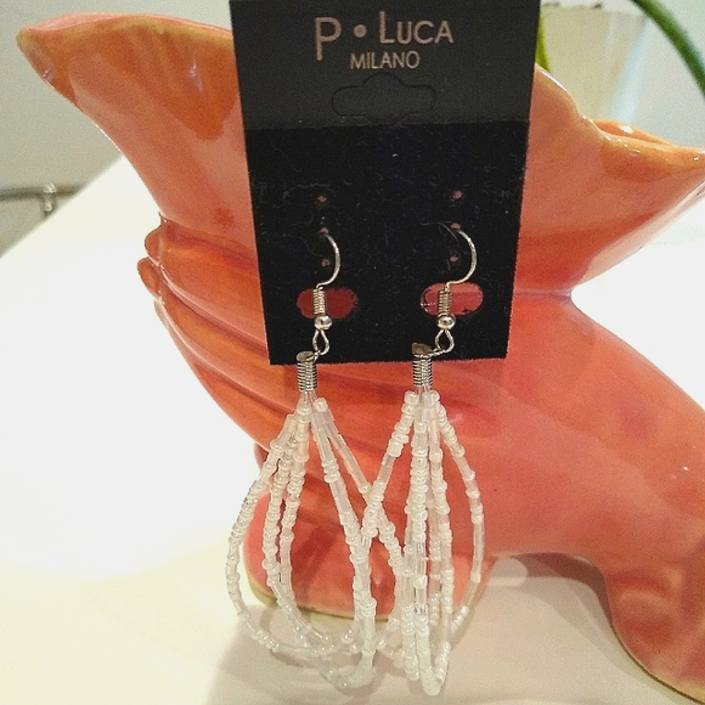 Patrizia Luca White Beaded Long Loop Earrings